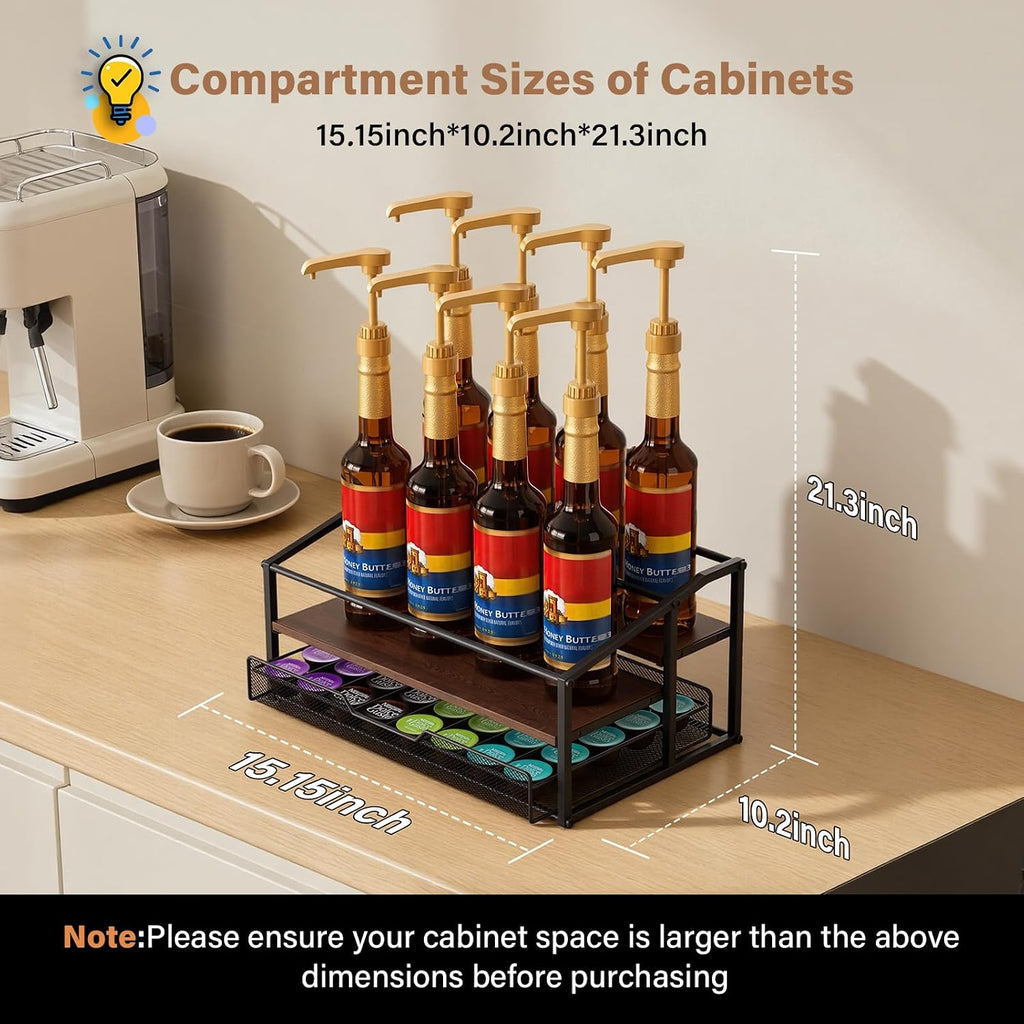 kimilus Coffee Syrup Rack Organizer, 3-Tier 8 Bottle Syrup Rack with 35 K Cup Drawer for Coffee Bar, Countertop Bottle Holder Stand for Dressing for Kitchen Cafe Station