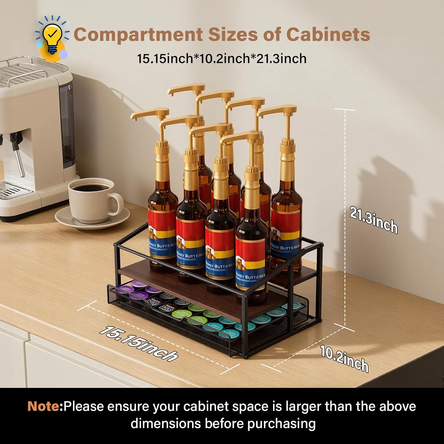 kimilus Coffee Syrup Rack Organizer, 3-Tier 8 Bottle Syrup Rack with 35 K Cup Drawer for Coffee Bar, Countertop Bottle Holder Stand for Dressing for Kitchen Cafe Station