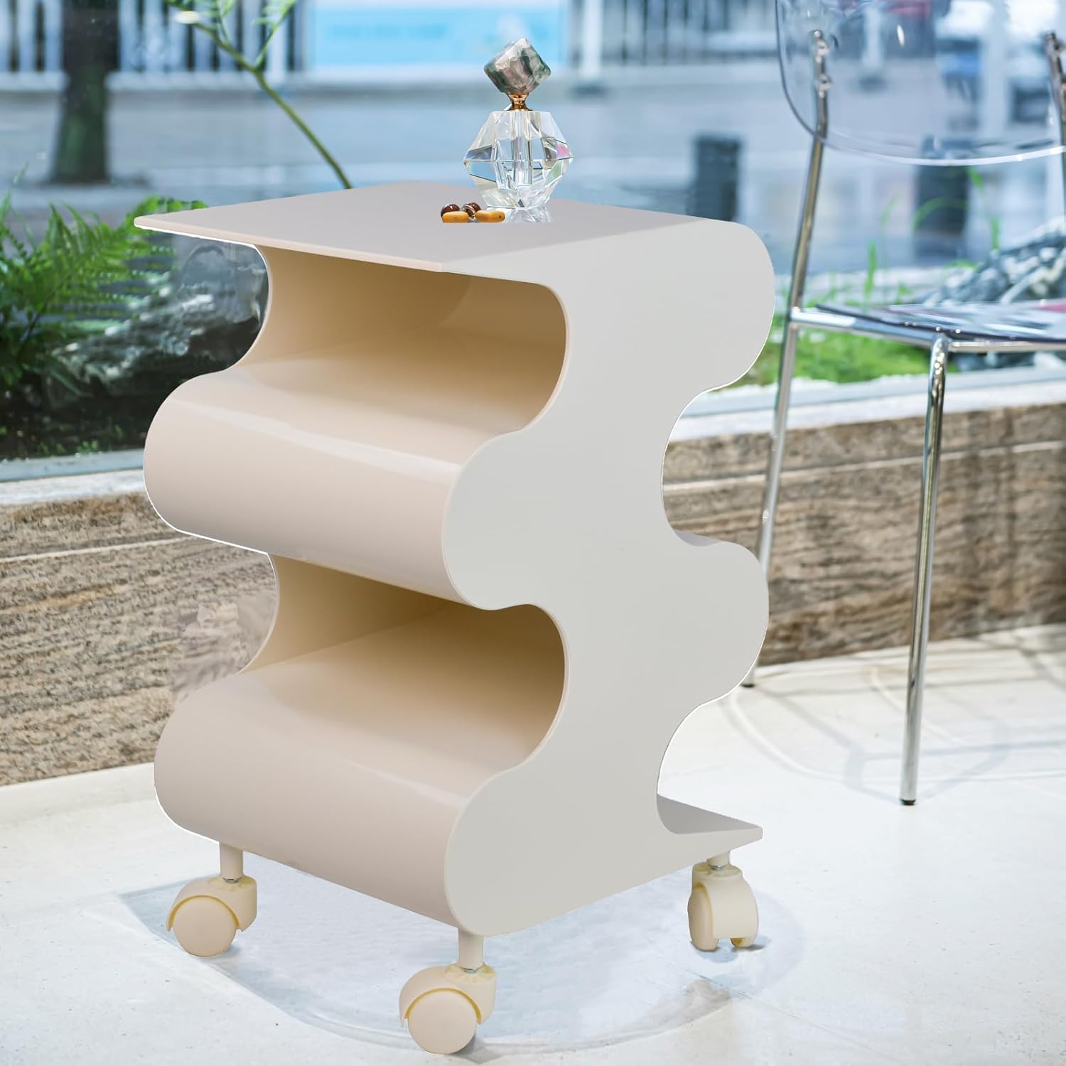 ABS Movable Side Table with Wheels & Rotation, Modern Multi-Layer Nightstand with Storage, Minimalist Sofa End Table for Bedroom, Living Room, Kitchen (White)