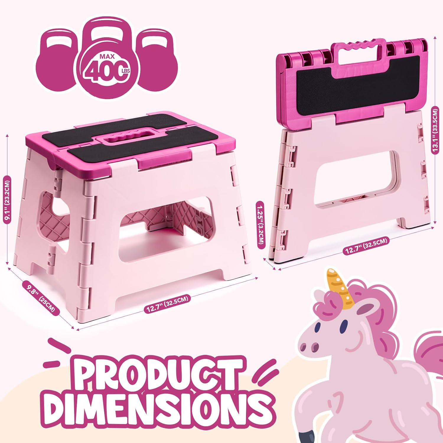 Delxo 9 Inch Folding Step Stool for Kids - Includes 3 Alphabet Letter Stickers & 2 Non-Slip Grip Pads, Sturdy Foldable Foot Stool for Toddlers, Kitchen, Bathroom & Bedroom (Pink)