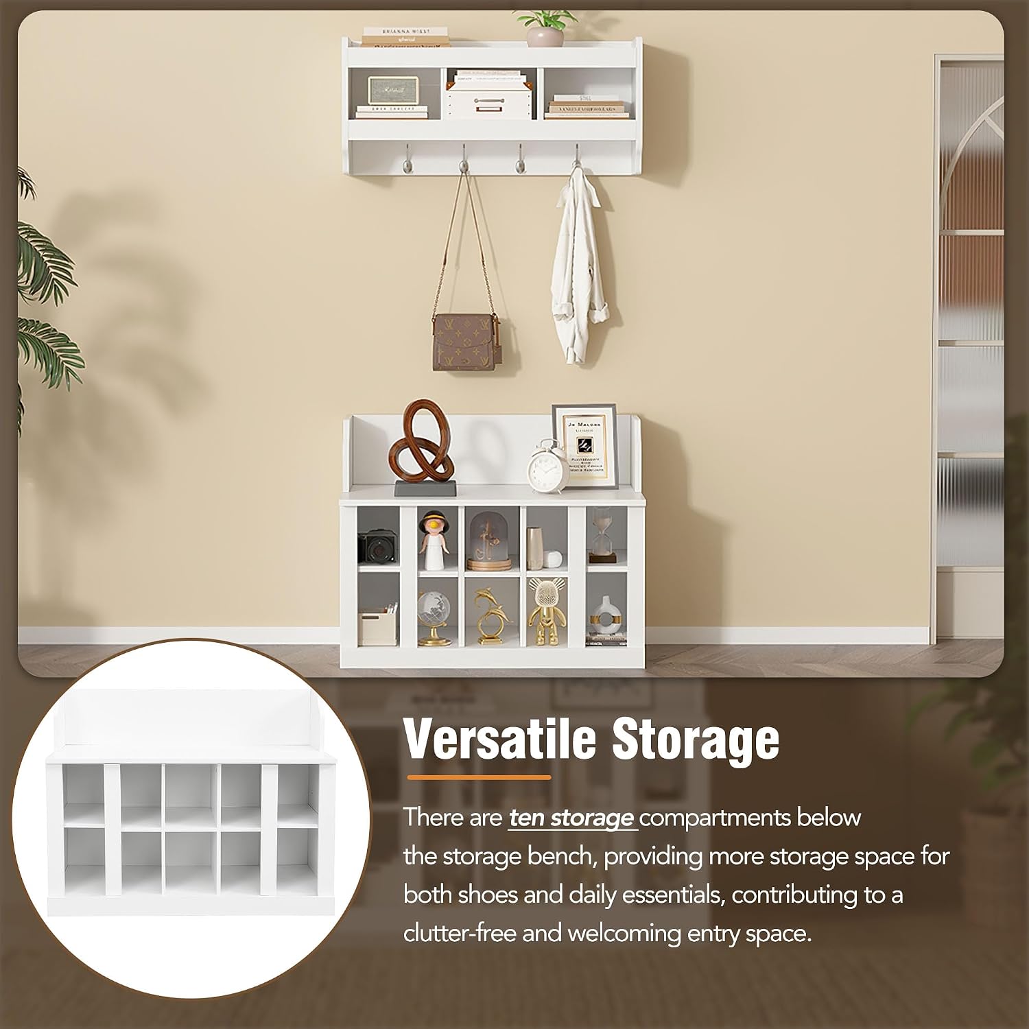 Shoe Storage Bench with Shelves and 4 Hooks, Elegant Hall Tree with Shoes Cubbies and Wall Mounted Coat Rack, Entryway Organizer For Hallway, Foyer, Mudroom, White