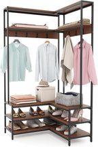 Giantex Corner Coat Rack with Shoe Bench, L-Shaped Garment Rack with 5 Shelves & 7 Hooks, Heavy Duty Freestanding Clothes Racks Entryway Bench with Shoes Organizer for Hallway (Walnut & Black)