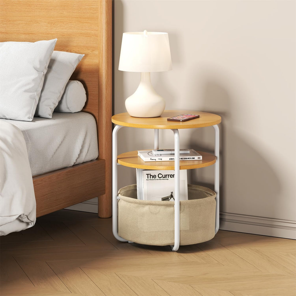 Small Round Side Table with Storage Bag, 3-Tier Accent Round End Table with Fabric Bin, 23.6" High Vintage Small Corner Table for Compact Spaces, Sofa Side Table, Nightstand for Bedroom