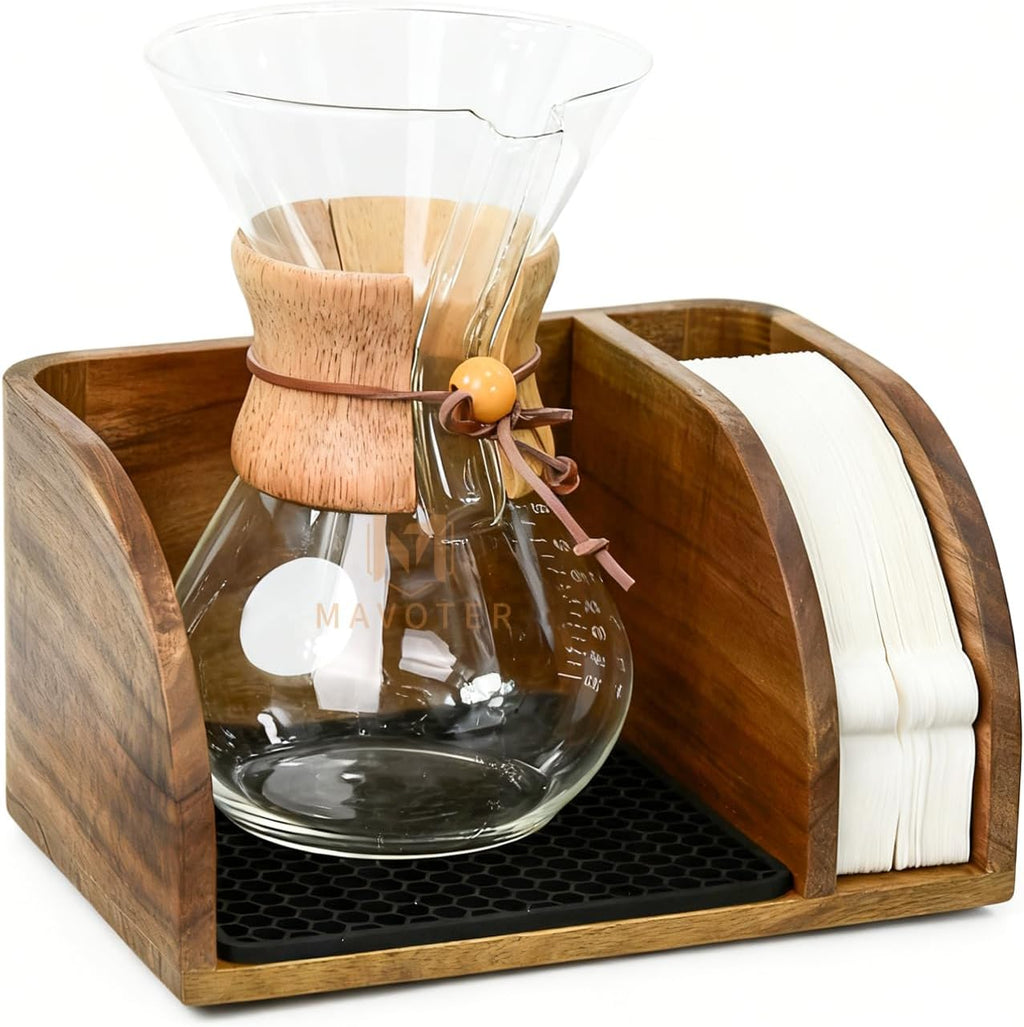 Acacia Wood Coffee Bar Station Organizer Stand, Wooden Pour Over Maker Caddy Storage Organizers, Coffee Filter Holder for Countertop with Heatproof Mat (9.4*7*5.1 inch) Glass Coffee Maker not included