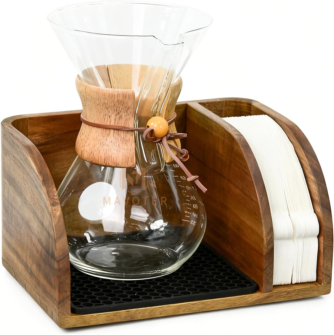 Acacia Wood Coffee Bar Station Organizer Stand, Wooden Pour Over Maker Caddy Storage Organizers, Coffee Filter Holder for Countertop with Heatproof Mat (9.4*7*5.1 inch) Glass Coffee Maker not included