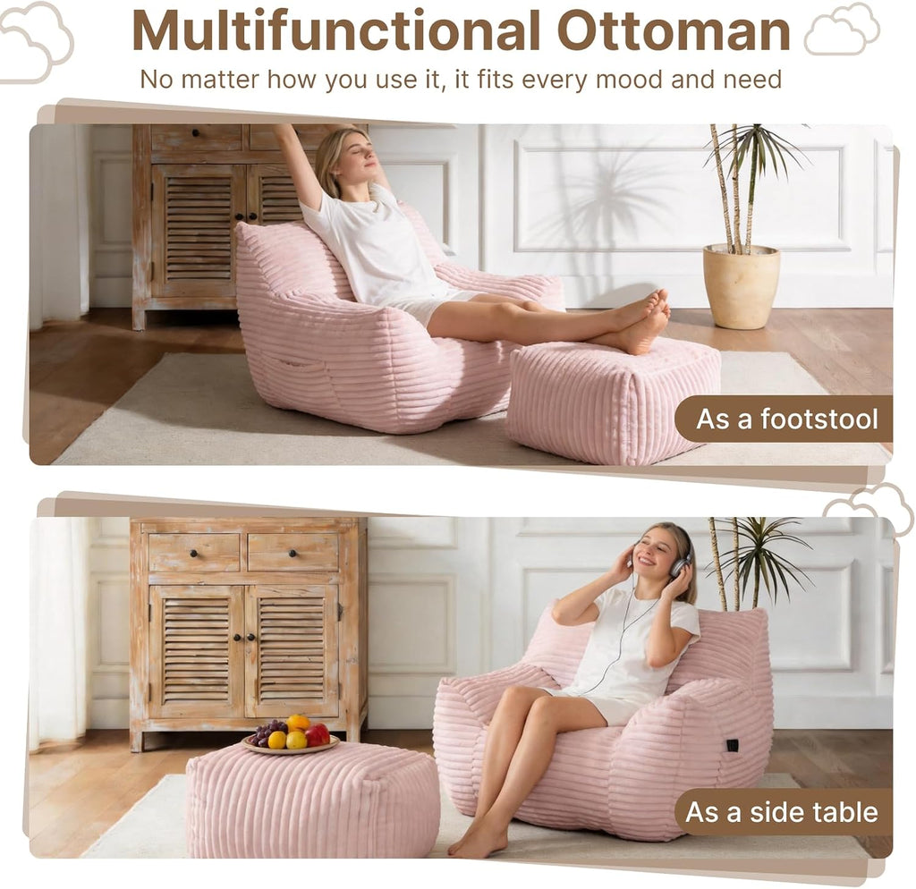 Oversized Bean Bag Chair with Ottoman, Bean Bag Couch with 2 Side Pockets, Corduroy Boneless Couch Chair in a Box, Comfy Lounge Chair for Living Room, Bedroom, Dorm, Pink