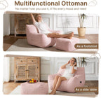 Oversized Bean Bag Chair with Ottoman, Bean Bag Couch with 2 Side Pockets, Corduroy Boneless Couch Chair in a Box, Comfy Lounge Chair for Living Room, Bedroom, Dorm, Pink