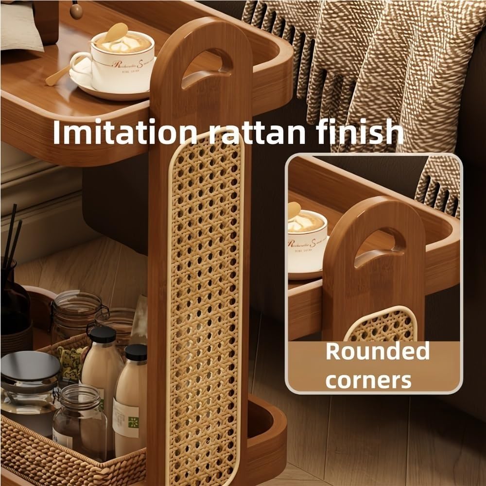Rolling Sofa Table with Wheels Bamboo Rattan 2/3 Tier End Table Slim Rolling Cart for Kitchen Room Living Room Lightweight(Natural,L)