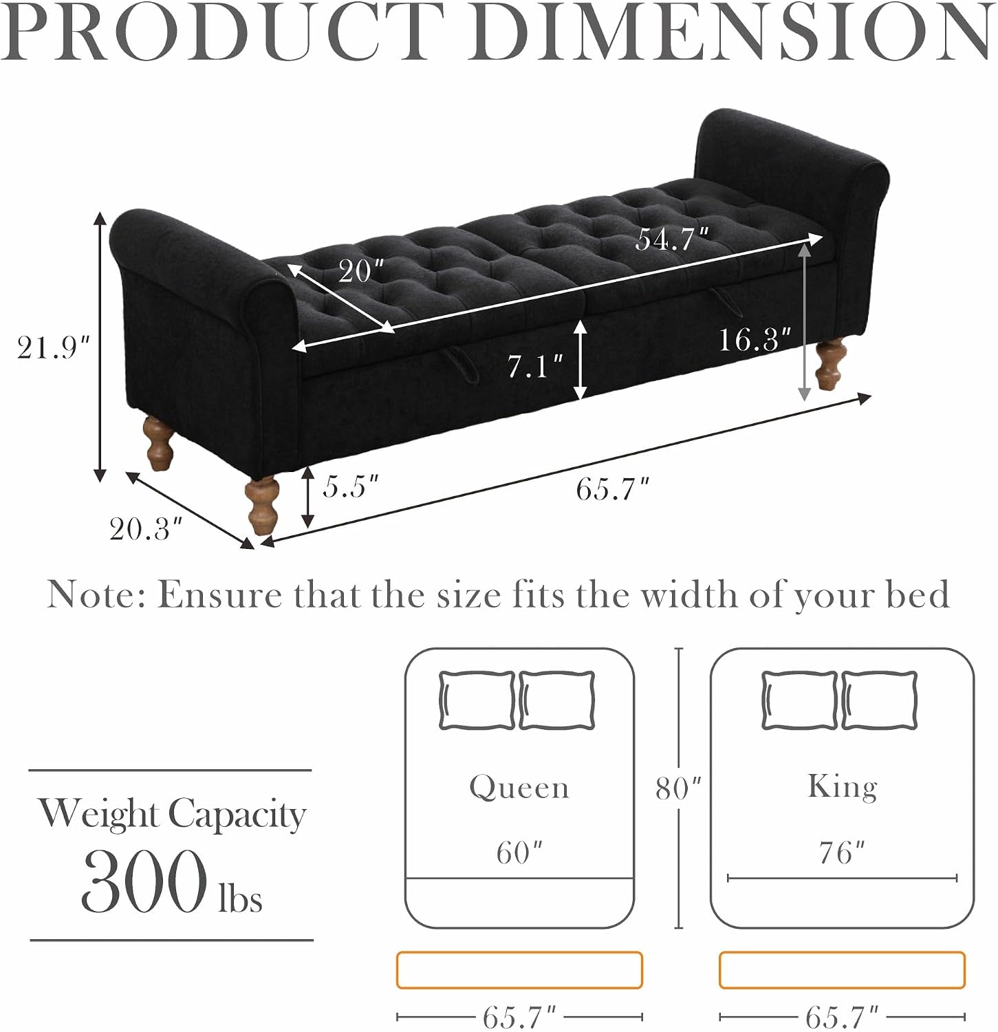 Aoiy & Wifon 65.75" W Large Storage Ottoman Bench, Modern King Size End of Bed Storage Bench with Wood Legs, Upholstered Window Bench for Bedroom, Living Room, Entryway, Black