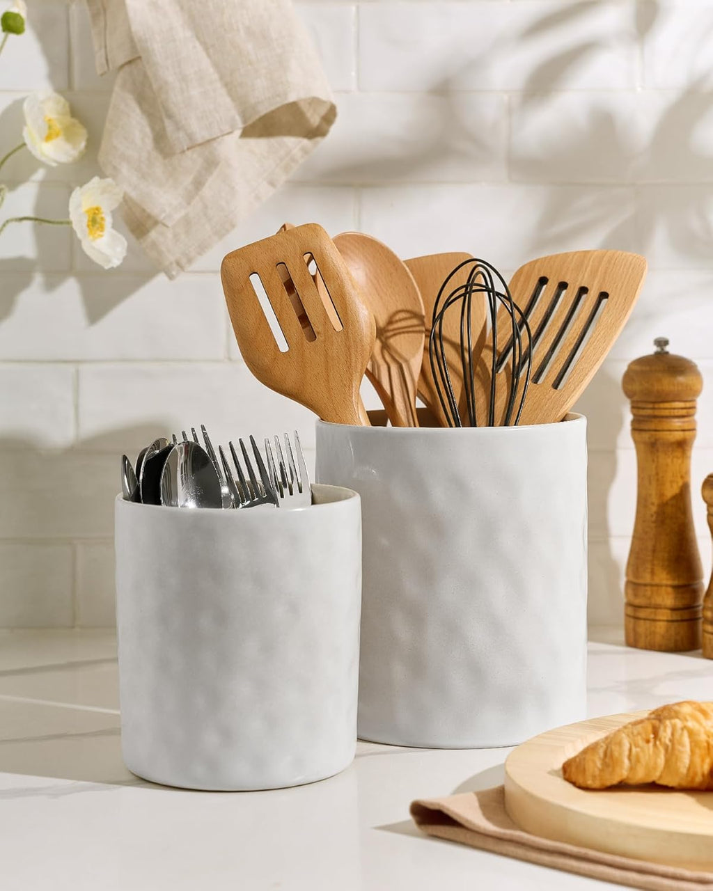 famiware Ocean Utensil Holder, 7.2"+5.8" Ceramic Kitchen Utensil Holder for Countertop, Cooking Utensil Crocks, Utensil Organizer for Spatula & Spoon, Kitchen Decor, Set of 2, Matte White