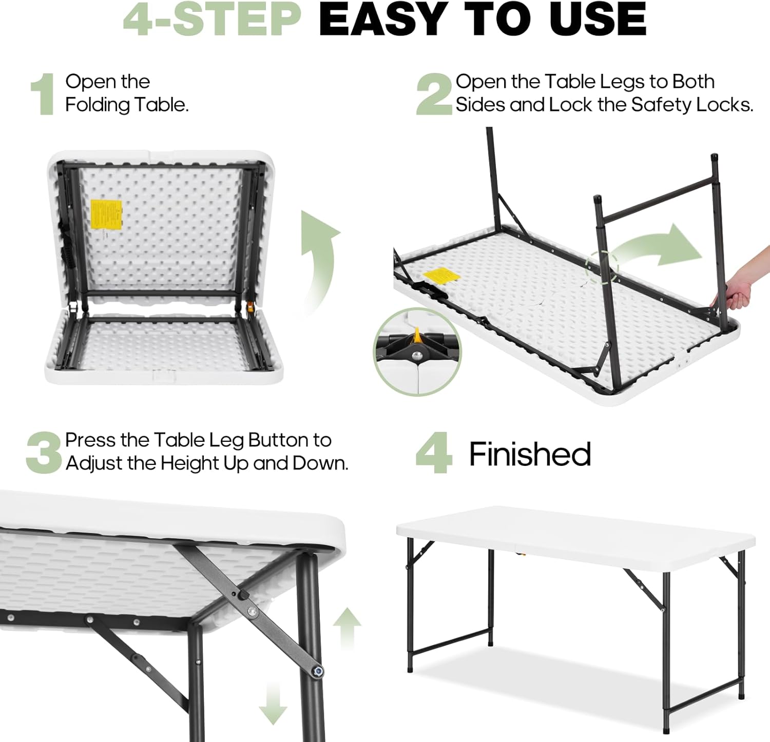 4ft Folding Table with Adjustable Height, 3-Level Foldable Table with HDPE Top & Steel Legs, Portable 4 Foot Folding Table for Picnic, Party, Craft, Indoor Outdoor Use, White