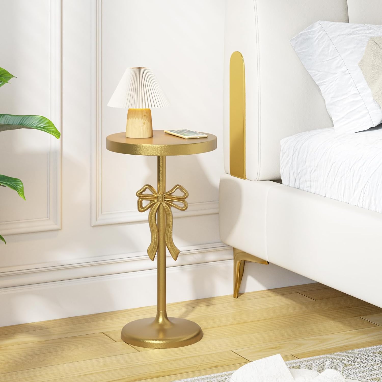 Gold Drink Table, Metal Martini Side Table - 11.9" x21.7'', Gold Small Accent Table with Bow Decoration, Pedestal End Table for Small Spaces