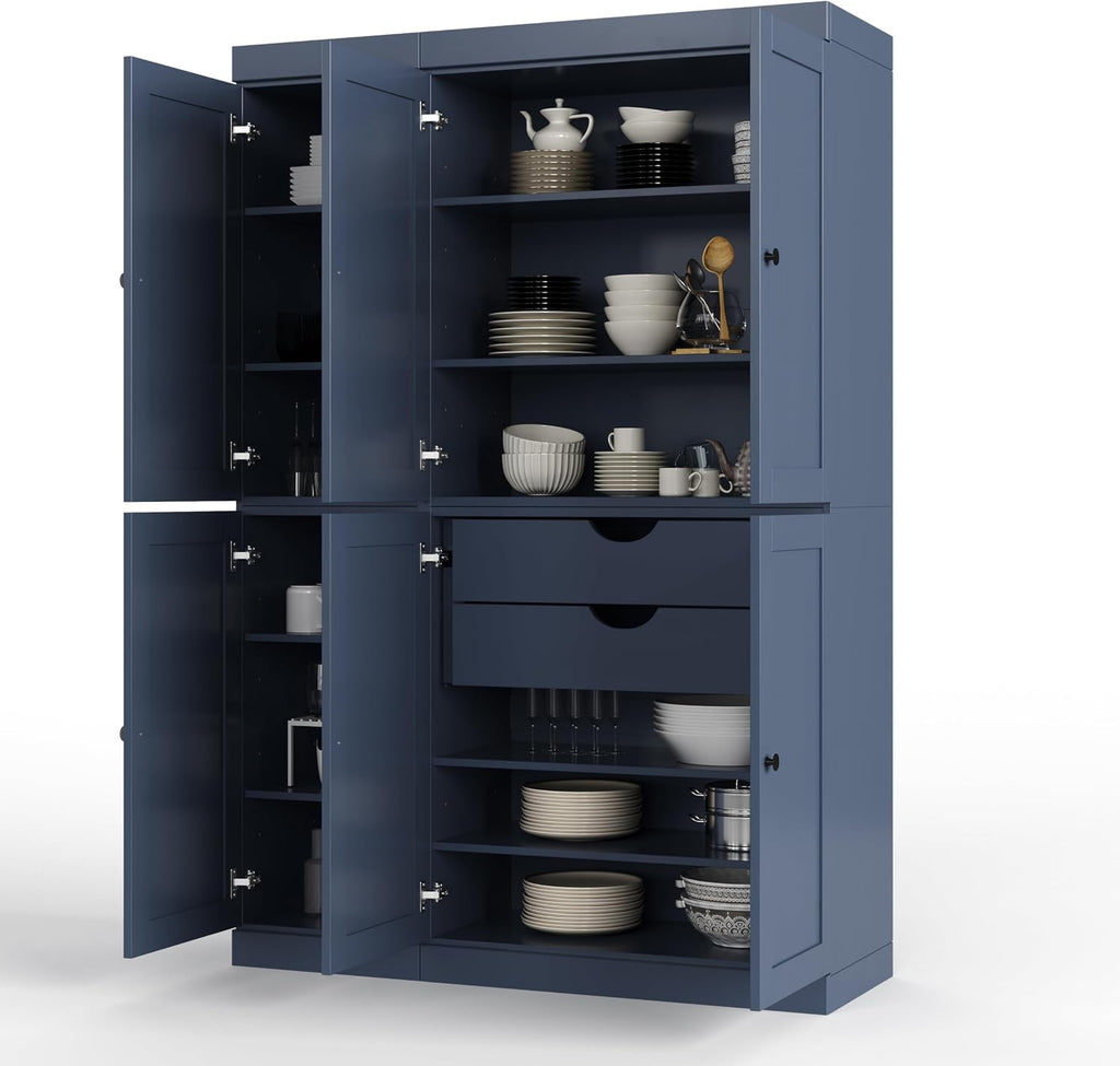 Palace Imports Solid Wood Tall Kitchen Pantry Cabinet - 71.5" H x 48.5" W – Utility Cabinet w/ 6 Shaker Doors, 2 Drawers & 8 Adjustable Shelves – Antique Blue, 100% Eco-Friendly Wood, Made in Brazil