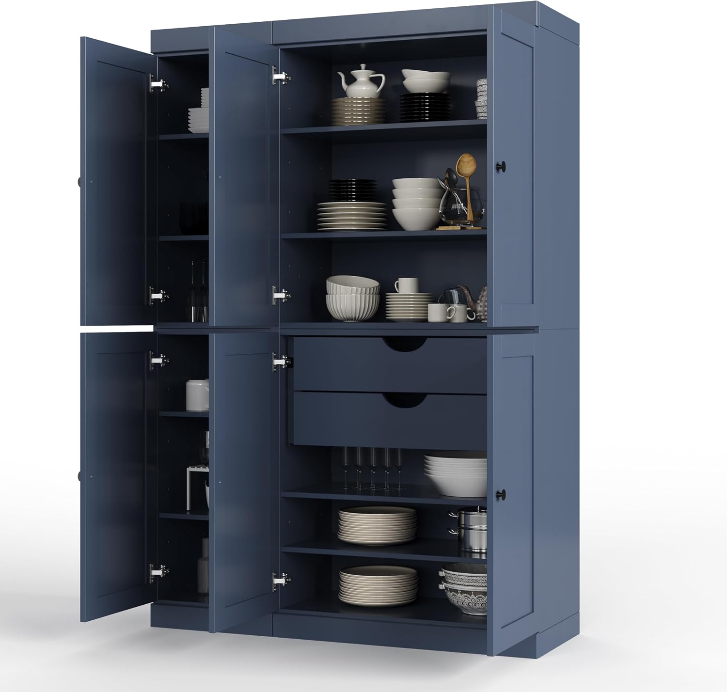 Palace Imports Solid Wood Tall Kitchen Pantry Cabinet - 71.5" H x 48.5" W – Utility Cabinet w/ 6 Shaker Doors, 2 Drawers & 8 Adjustable Shelves – Antique Blue, 100% Eco-Friendly Wood, Made in Brazil