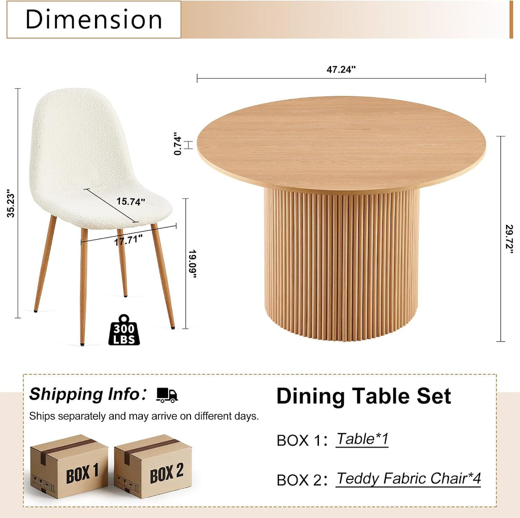 Dining Table Set for 4, Mid Century Modern 47 Inch Wooden Round Dining Table Set, Space Saving (Table + 4 White Chairs)