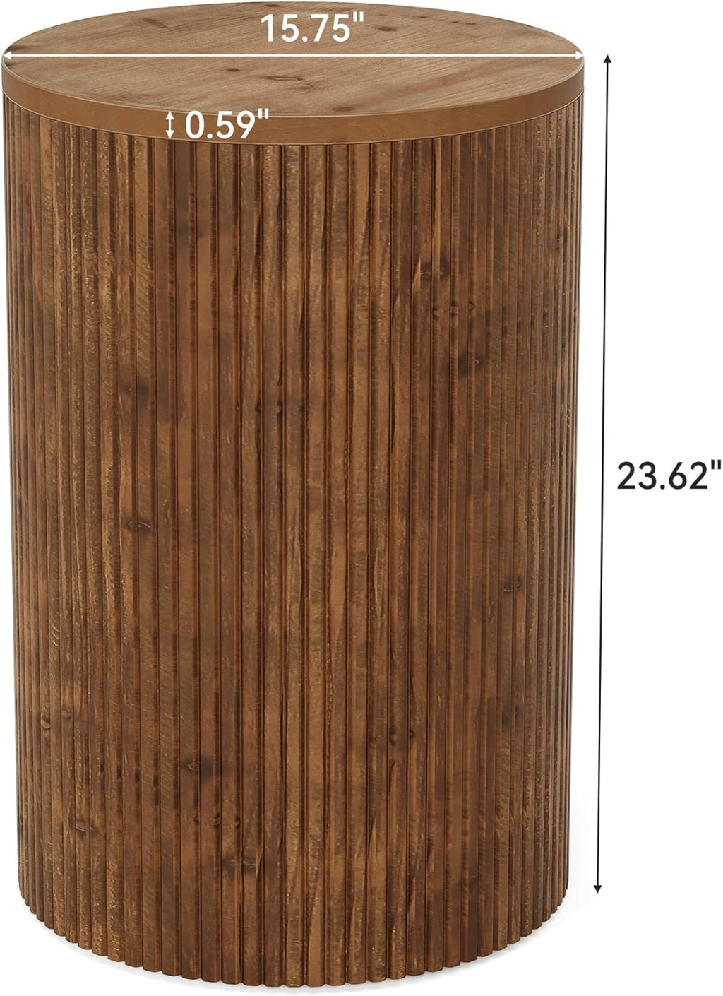 Solid Wood Round Side Table with Storage, No-Assembly Fluted End Table with 4 Wheels, Wooden Nightstand for Small Spaces, Living Room, Bedroom (Fully Assembled)