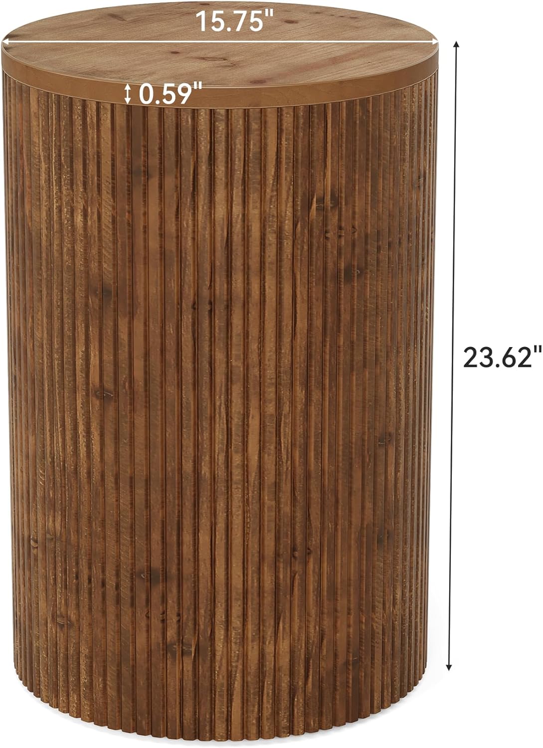 Solid Wood Round Side Table with Storage, No-Assembly Fluted End Table with 4 Wheels, Wooden Nightstand for Small Spaces, Living Room, Bedroom (Fully Assembled)