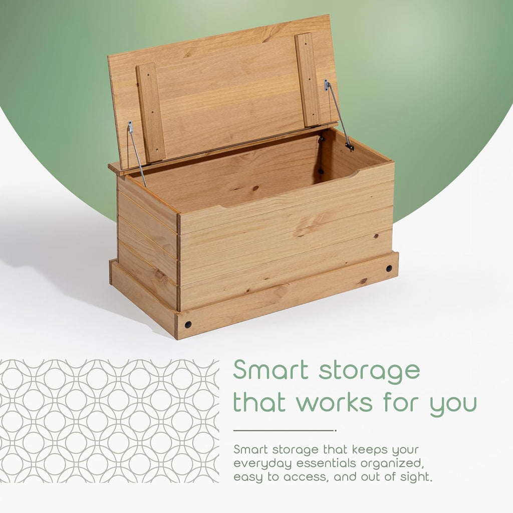 Corona Storage Chest with Lid – Natural Wood Trunk for Entryway, Bedroom, or Living Room – Safe-Stay Hinged Top for Easy Access