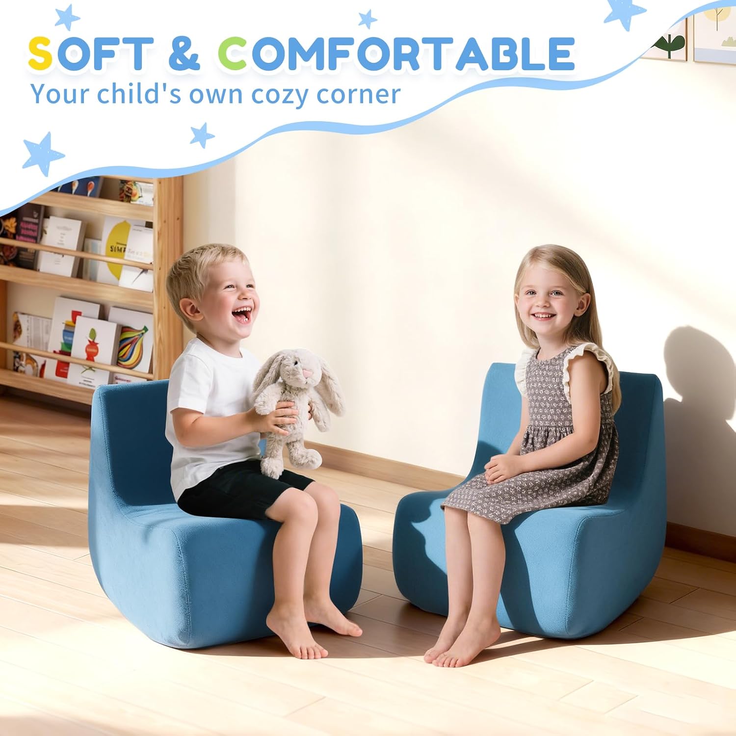 Toddler Chair, Comfy Kids Sofa Chair for Playroom, Supportive Toddler Couch for Boys and Girls with Washable Cover, Small Kids Furniture Sofa for Baby Gift (L-Shape-Blue)