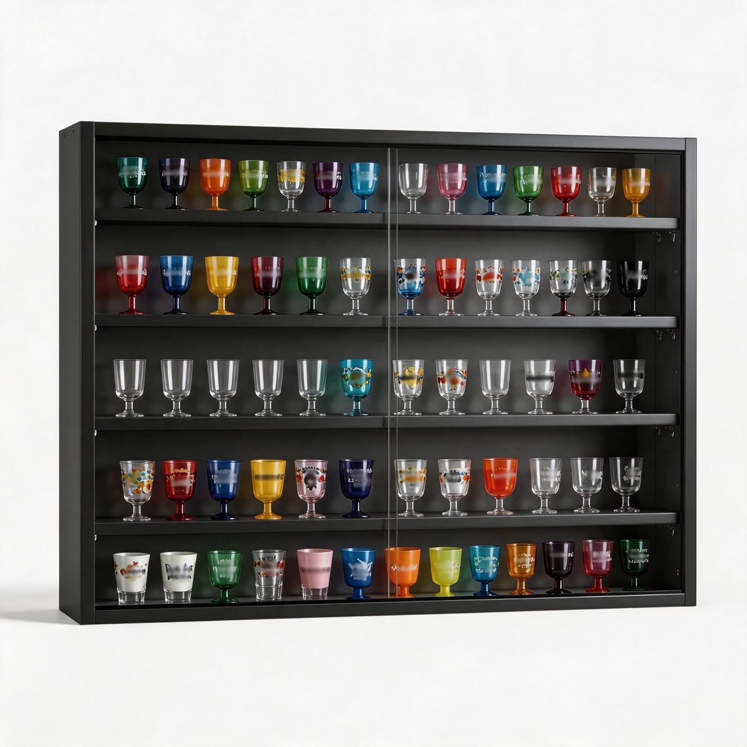 5-Tier Wall Mounted Shot Glass Display Case, No Assembly Required Wine Glass Display Cabinet with Glass Door & Adjustable Shelves, Bar Cabinet for Liquor Glasses, Bedroom Playroom, Black