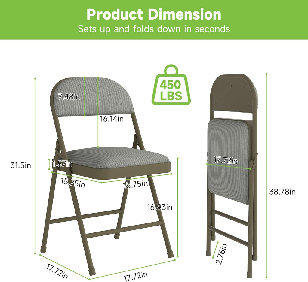 Real Relax 4 Pack Folding Chairs with Padded Cushion and Back, Comfortable Soft Fabric Cushion and Steel Frame Metal, Indoor Outdoor Seat for Office Events Wedding Party, 450LBFabric Oatmeal Strip