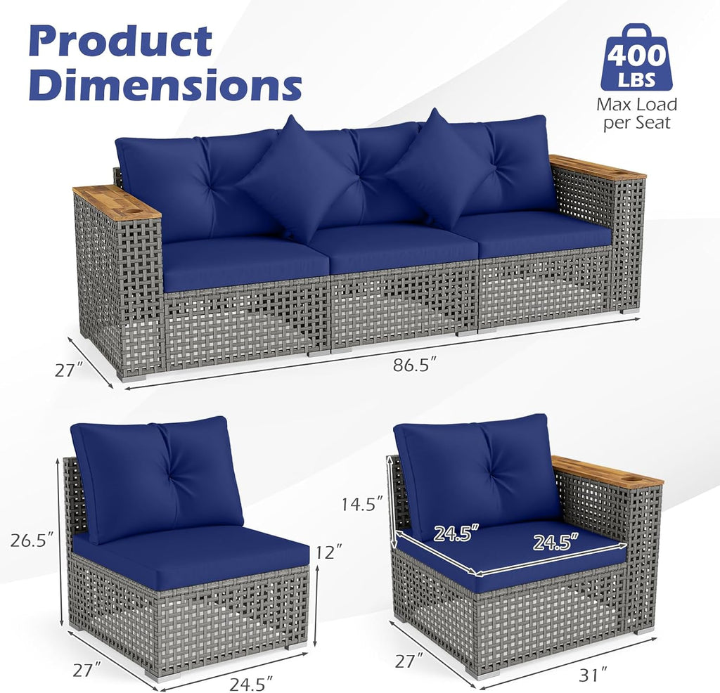 KOTEK 3-Seater Outdoor Couch, 86.5" Large Size Patio Wicker Sofa with Cup Holders & Wood Armrest, Cushions & Pillows, 3 Piece PE Rattan Sectional Furniture Set for Porch, Deck, Backyard (Navy)