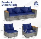 KOTEK 3-Seater Outdoor Couch, 86.5" Large Size Patio Wicker Sofa with Cup Holders & Wood Armrest, Cushions & Pillows, 3 Piece PE Rattan Sectional Furniture Set for Porch, Deck, Backyard (Navy)