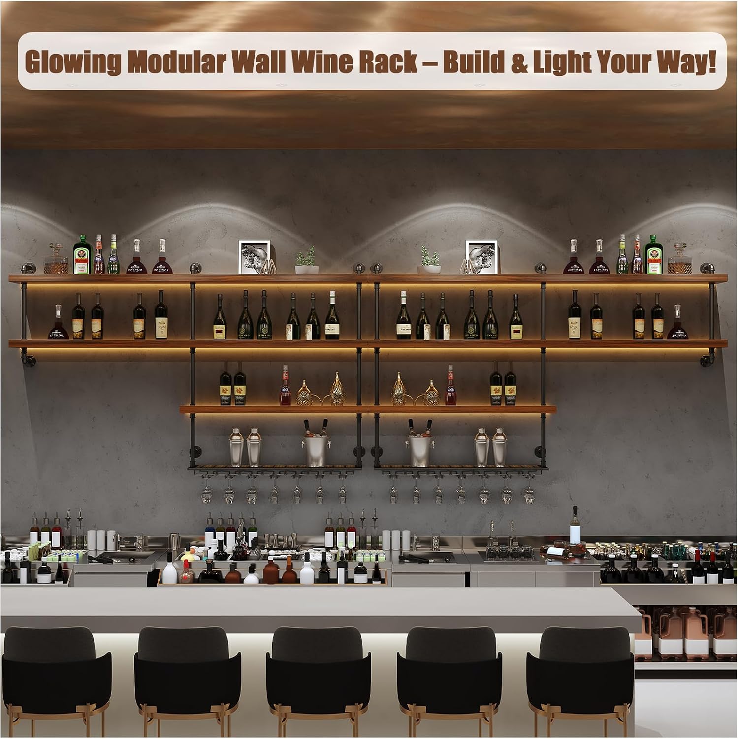 Solid Wood Wall Mounted Wine Rack, Large Wine Rack with LED Light, 4 Tiers Liquor Bottles Floating Shelves with Glass Holder, Industrial Bar Shelves for Home Bar Dining Room(78.7 in/ 200CM)