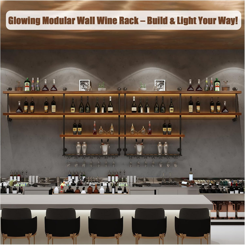Solid Wood LED Wall Mounted Wine Rack (31.5 in/ 80CM) | 4 Tiers Liquor Bottles Floating Shelves with Glass Holder, Industrial Style, Suitable for for Home Bar Dining Room