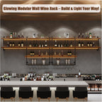 Solid Wood LED Wall Mounted Wine Rack (31.5 in/ 80CM) | 4 Tiers Liquor Bottles Floating Shelves with Glass Holder, Industrial Style, Suitable for for Home Bar Dining Room