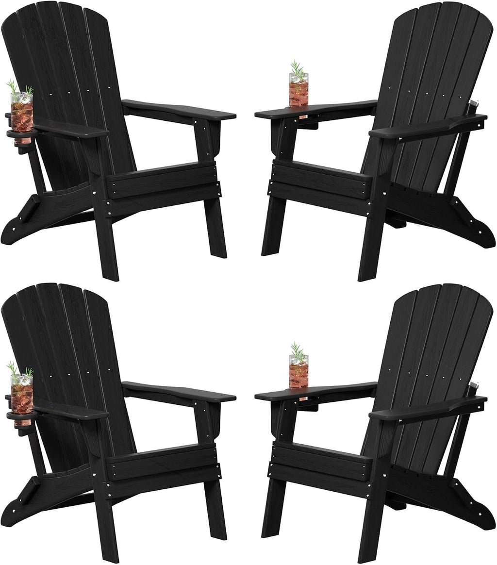 Plawdlik Folding Adirondack Chair Set of 4, Cup Holder，Wooden Textured ，Heavy All-Weather HDPE Comfortable Set Poolside Backyard Lawn Black