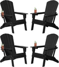 Plawdlik Folding Adirondack Chair Set of 4, Cup Holder，Wooden Textured ，Heavy All-Weather HDPE Comfortable Set Poolside Backyard Lawn Black