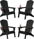 Plawdlik Folding Adirondack Chair Set of 4, Cup Holder，Wooden Textured ，Heavy All-Weather HDPE Comfortable Set Poolside Backyard Lawn Black