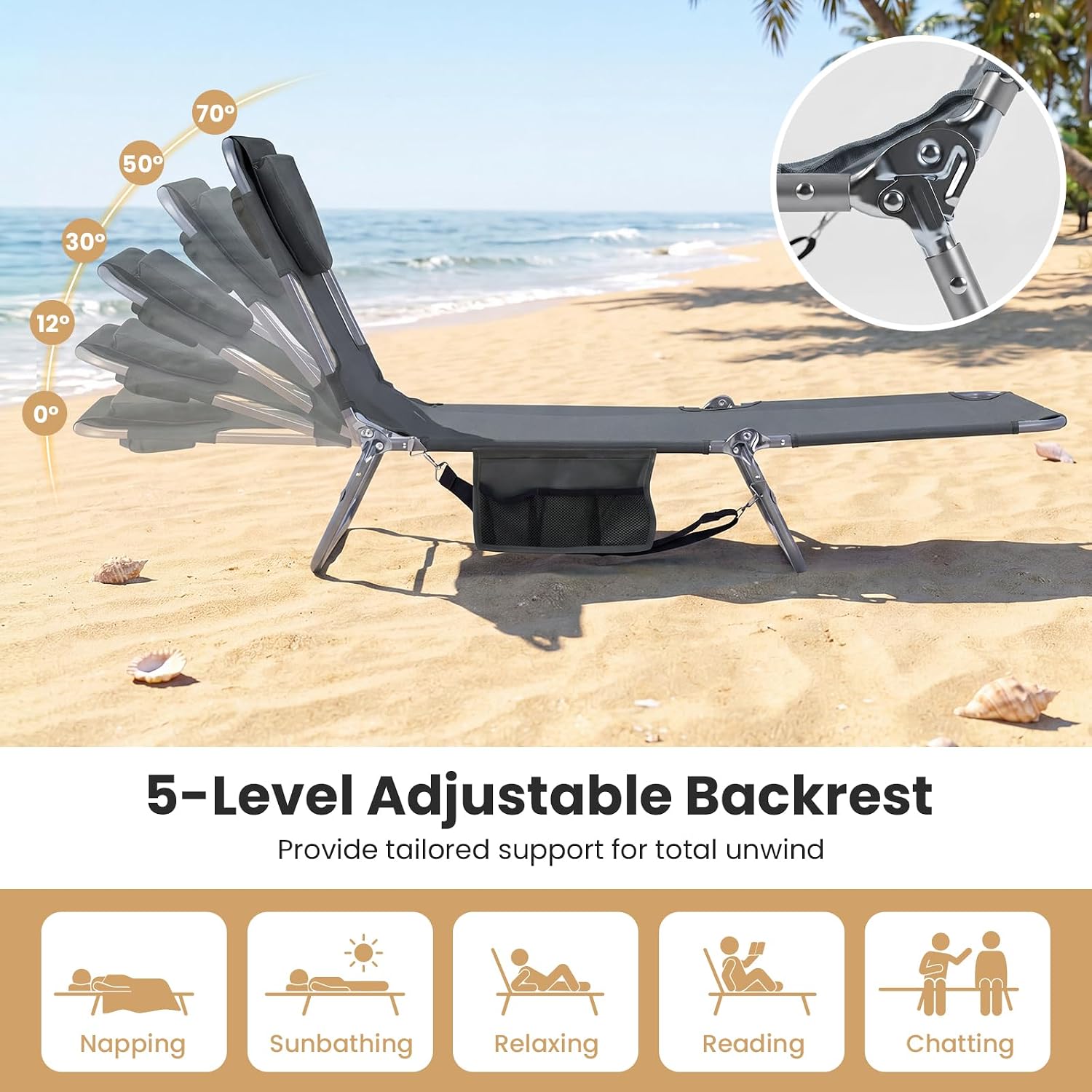 Goplus Tanning Chair, Portable Lightweight 10.5LBS Beach Lounger with Face Arm Holes, Adjustable 5-Position, 330LBS Capacity, Side Pocket, Removable Cushions, Portable Sunbathing Chair for Pool