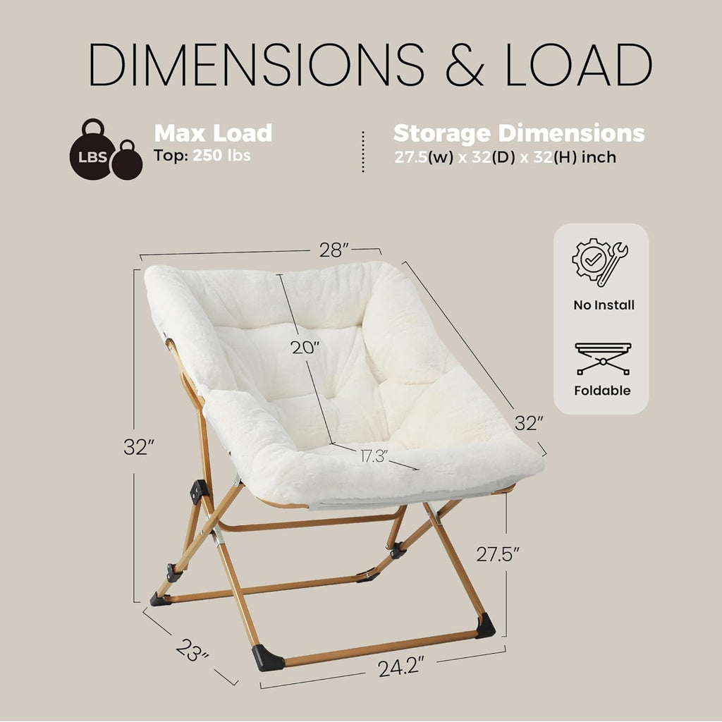 OAKHAM Saucer Chair for Adults, Foldable Comfy Chair for Bedroom, White | Soft Faux Fur Folding Lounge for Living Room Dorm Rooms, Flexible Reading for Teens Kids, X-Large