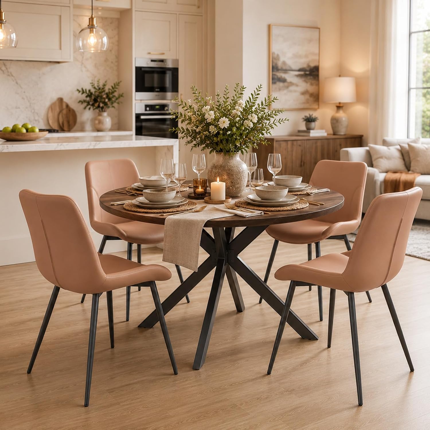 Modern Dining Chairs Set of 4, Faux Leather Modern Mid-Century Kitchen Chairs with Ergonomic Backrest & Heavy Duty X-Shape Base Metal Legs, Kitchen Chairs for Home Cafe,Brown