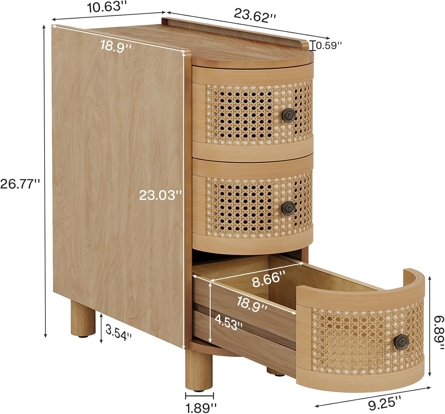 Tribesigns 3-Drawer Rattan End Table, Sofa Side Table with Vintage Embossed Handles for Living Room, Bedroom (2, Oak)