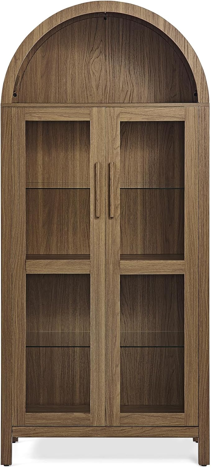 JIJIWANG Tall Wooden Arched Cabinet,LED Arched Kitchen Pantry Cabinet with Doors & Shelves,Modern Retro-Style Wooden Storage Cabinets with Adjustable Glass Partitions for Dining Room,Brown