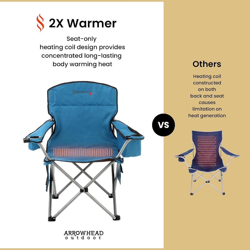 ARROWHEAD OUTDOOR Heated Camping Chair – Heavy-Duty Portable Folding Chair with 3 Heat Modes, 6-Can Cooler, Cup & Wine Glass Holder – Supports 330lbs