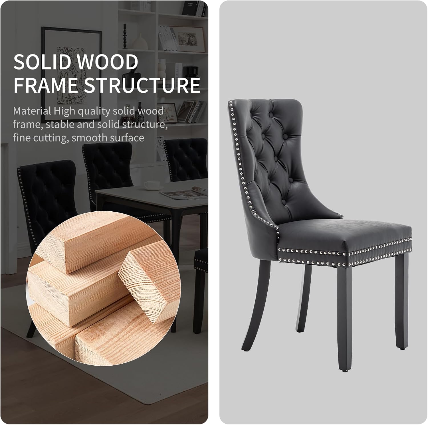 Leather Dining Chairs Set of 4, Upholstered Dining Room Chairs with Nailhead Trim, Sillas de Comedor Modernas 4, Wooden Kitchen Chairs for Dining Room, Living Room, Kitchen, Bedroom, Black