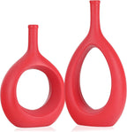 Red Ceramic Hollow Elliptical Vase Set of 2 - Boho Circle Vase with Hole, for Modern Red Table Decor, Living Room Decor Shelf mid Century Modern Home Entrance Decorative vase