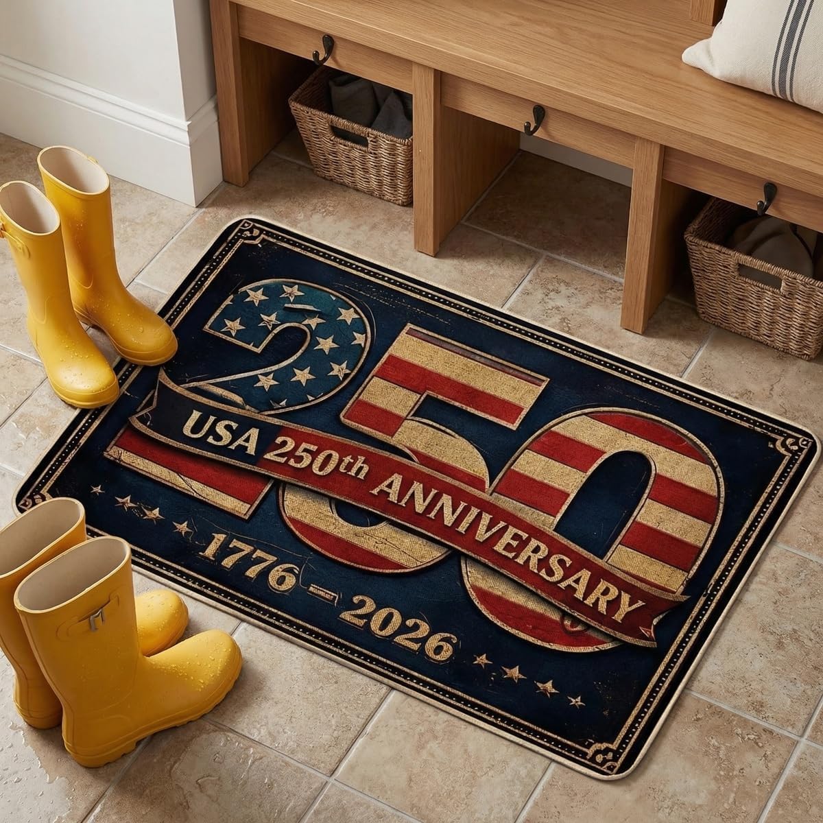 250 Years Anniversary USA Doormats, Patriotic Vintage USA 250th Door Mat for Floor House Office Inside Outside Entrance Decor (001, 28"X17")