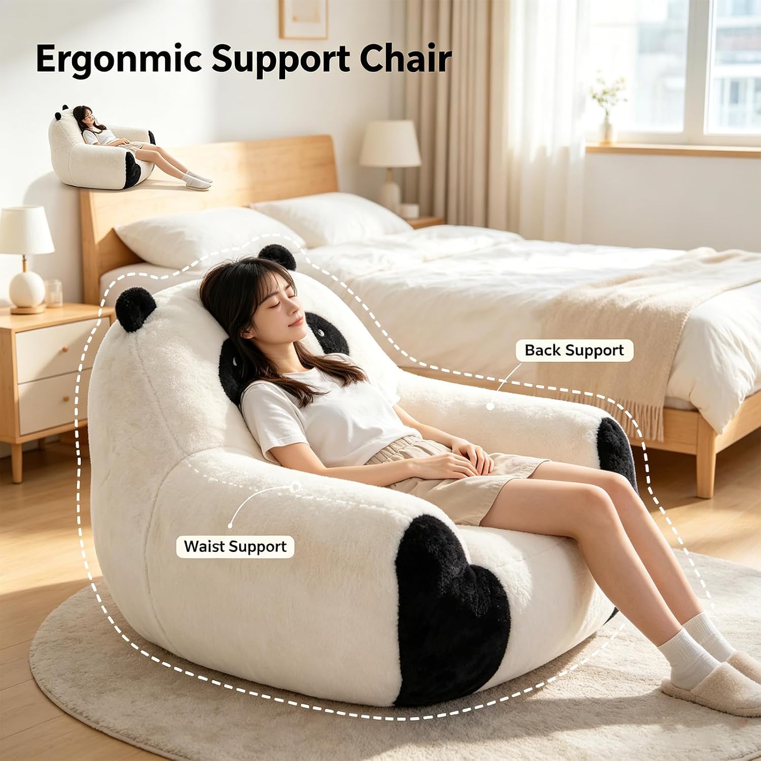 Giant Bean Bag Chair for Adults and Kids, Panda-Shaped beanbag Chair with Soft Plush Fabric, Oversized Boneless Reading, Lounge Chair for Bedroom, Living Room