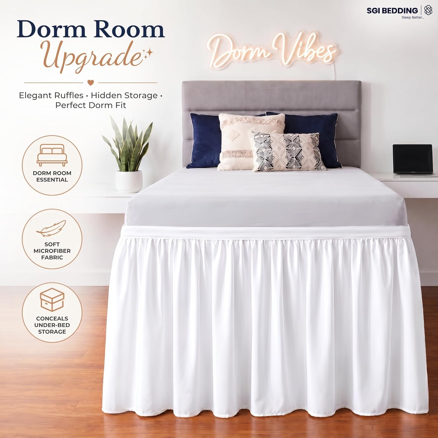SGI bedding Dorm Bed Skirt Twin XL 32 Inch Drop Length - White, Ruffled Pattern College Dorm Room Bed Skirts - Split Corner, Easy Care, Wrinkle Free 1800 Series Microfiber Bed Skirt