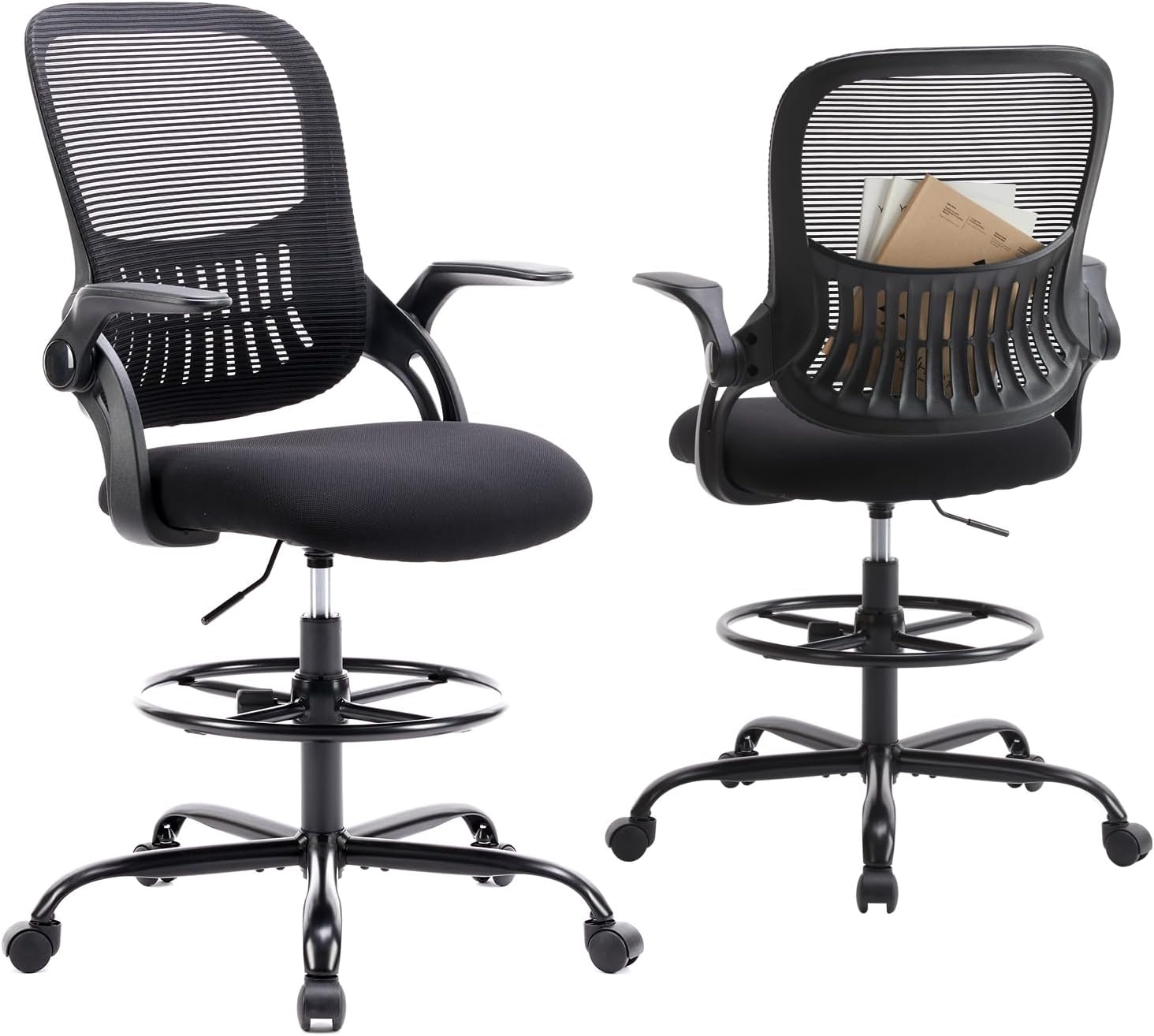 DUMOS Drafting Chair for Standing Desk, Counter Height Adjustable, Flip-up Arms, Ergonomic Mid Back Mesh Rolling Work 360° Swivel Office Computer Chairs with Wheels, for Bedroom Livingroom, Ink