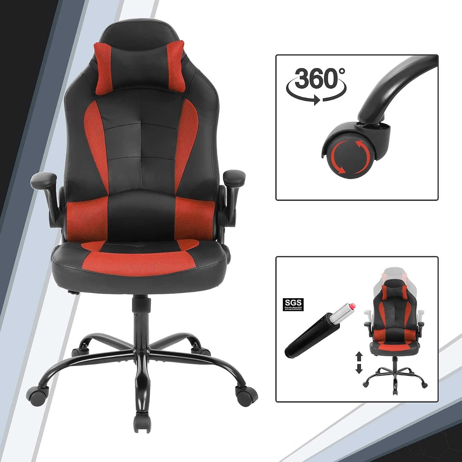 Gaming Desk Chair PC Gaming Chair Gamer Chair, Comftorable Ergonomic PU Leather Computer Office Chair with Lumbar Support Flip Up Arms, High Back Executive Gaming Stuff for Girl Kids Adults (Red)