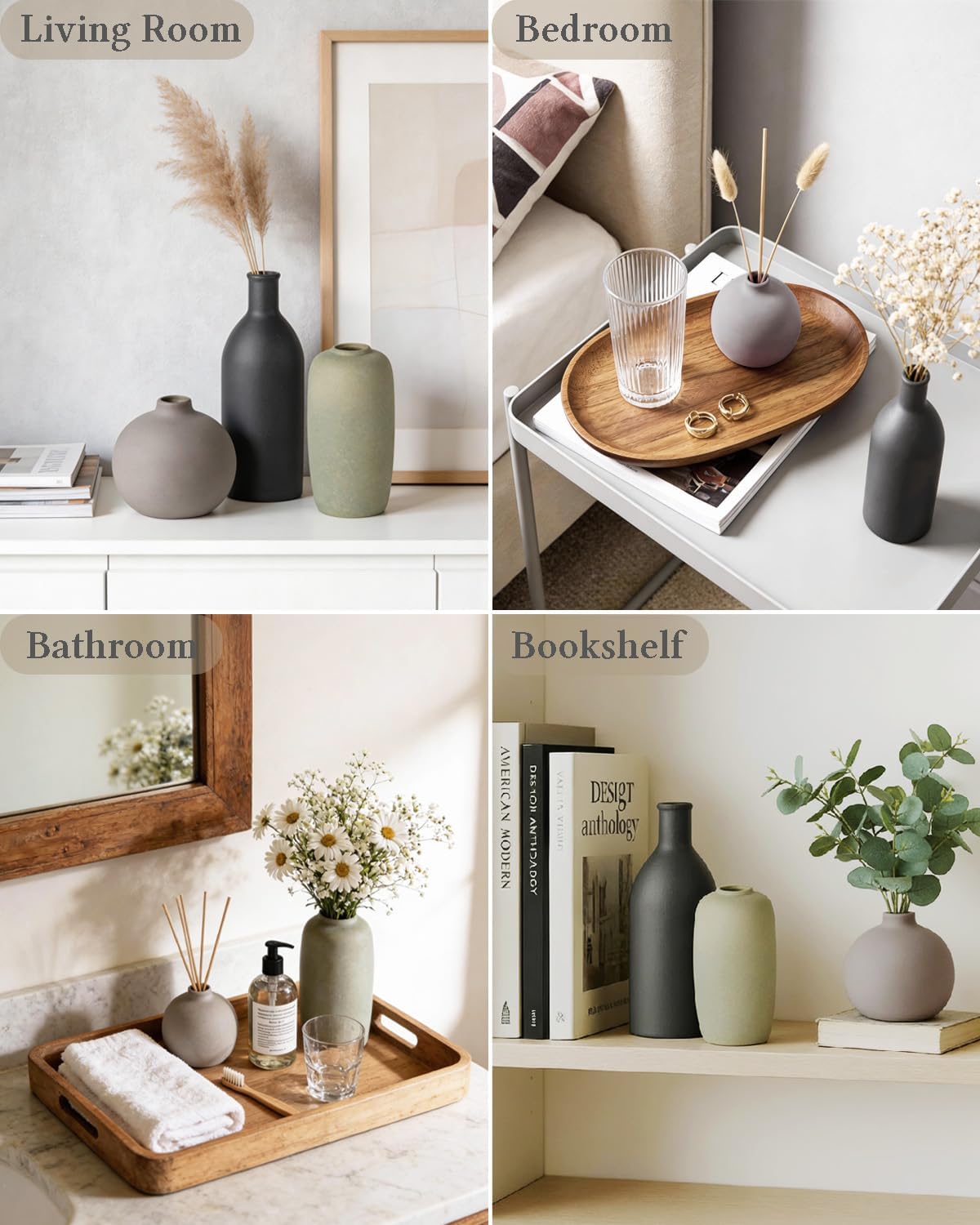 Ceramic Modern Vase Set of 3, Neutral Small Decorative Pottery Vases | Rustic Farmhouse Decor for Pampas Grass, Dried or Fresh Flowers, Perfect Vase Decor for Shelves&Small Spaces, Morandi Color