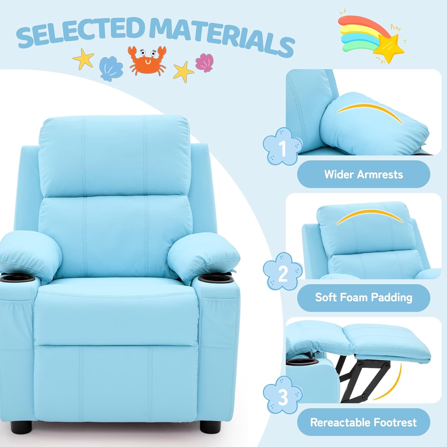 Korser Kids Recliner Chair, PU Leather Toddler Recliner with Cup Holder, Kid Recliner Sofa with Footrest, Push Back Child Reclining Chair with Side Pockets for Children Boys Girls Room, Blue