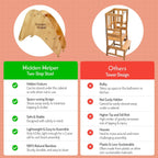 Hidden Helper Montessori Step Stool for Toddlers, Foldable Toddler Two Step Stool for Bathroom Sink & Kitchen Helper, Wooden Folding Stool for Kids Ages 2-5, Bamboo