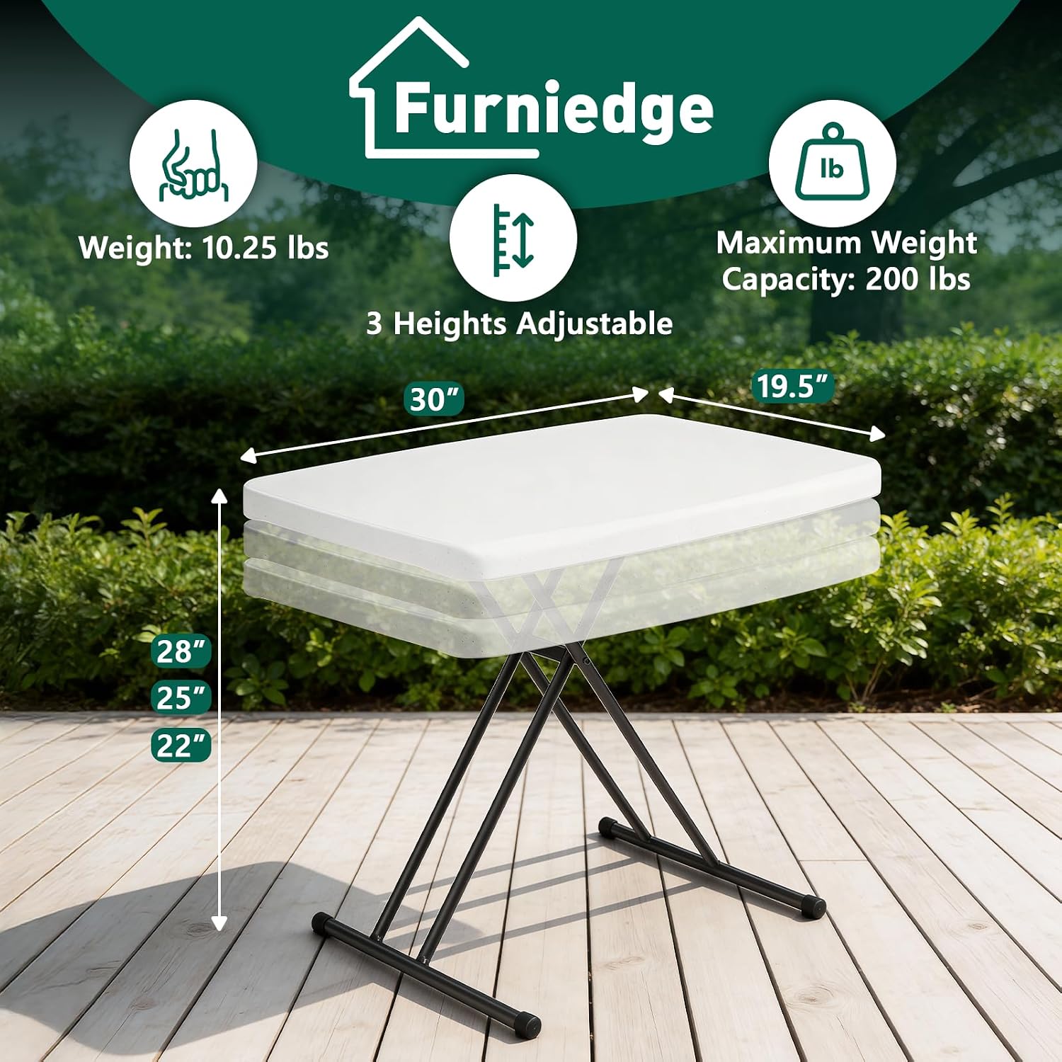 30 Inch Folding Table, Adjustable Height TV Tray for Small Spaces, Heavy Duty Foldable Utility Table for Laptop, Dining, Camping, No Assembly, 200 lbs Capacity, White Granite